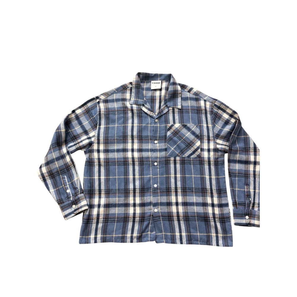 Carre Paris France Blue Plaid Flannel Button Down Shirt Mens XL‎ Camp Collar